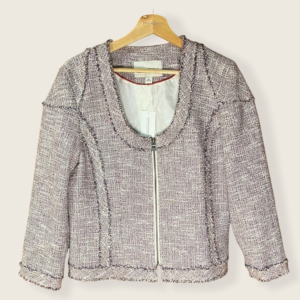 Banana Republic: Tweed Fringe Raw Edge Zip Up Business Blazer Jacket 14 (NWT)‎